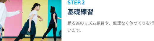 STEP.2「基礎練習」踊る為のリズム練習や、無理なく体づくりを行います。